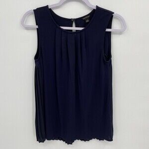 Ann Taylor Women's Round Neck Sleeveless Pleated Tank Top Blouse Navy Blue XS